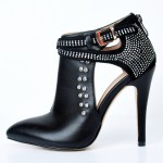 Black Metal Studs Rhinestones Point Head Cross Straps Stiletto High Heels Ankle Boots Shoes